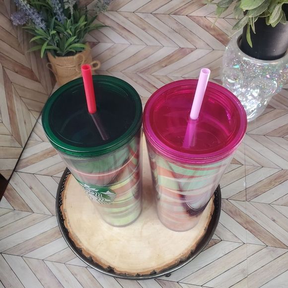 Starbucks Christmas Pink Red Ribbons Stripe & Red Green Ribbon Venti Tumbler - Picture 7 of 7